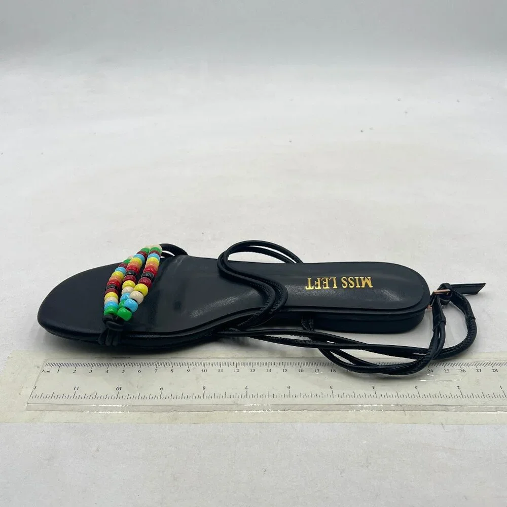 miss left Black Beaded Flat Sandals for Women Ankle Strap Open Toe Slide Sandals